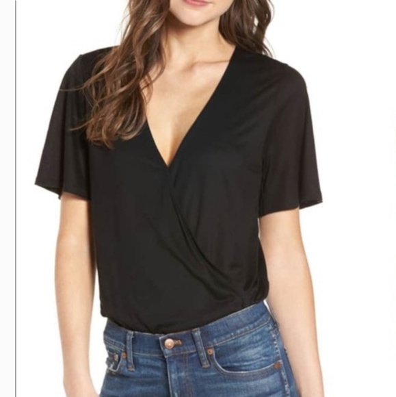 Madewell Tops - MADEWELL Faux Wrap Bodysuit Black V Plunge Neck